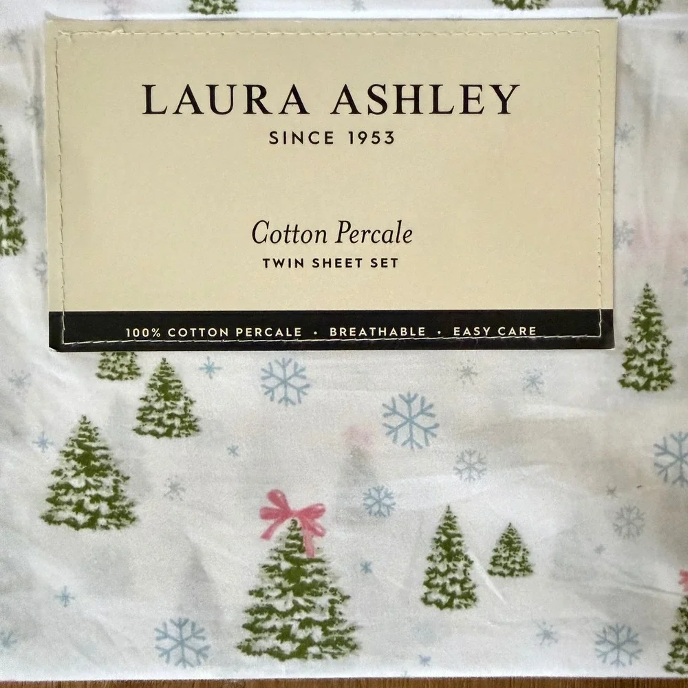 Laura Ashley Twin Sheet Set Twin White Green New Christmas Tree Pink Bow Percale